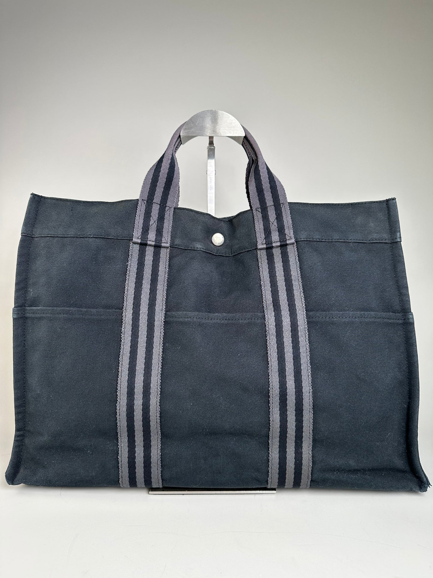 Vintage Hermes Canvas Tote Bag Black Grey Stripes