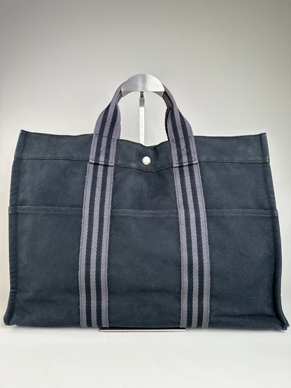Vintage Hermes Canvas Tote Bag Black Grey Stripes