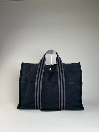 Vintage Hermes Canvas Tote Bag Black Grey Stripes