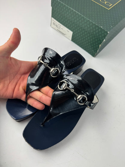 Vintage Gucci Patent Leather Horsebit Sandals Black EU38