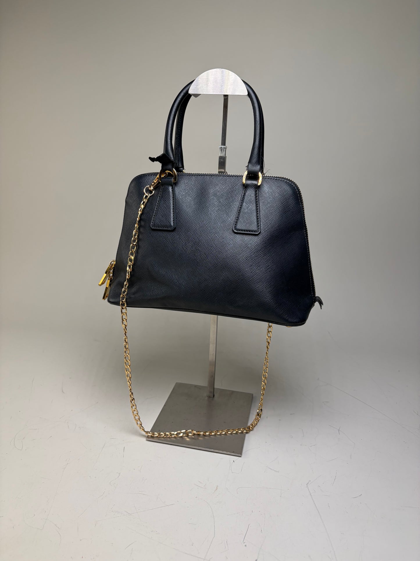 Vintage Prada Saffiano Leather Handbag Dark Blue Gold