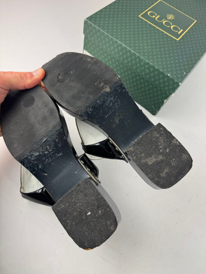 Vintage Gucci Patent Leather Horsebit Sandals Black EU38