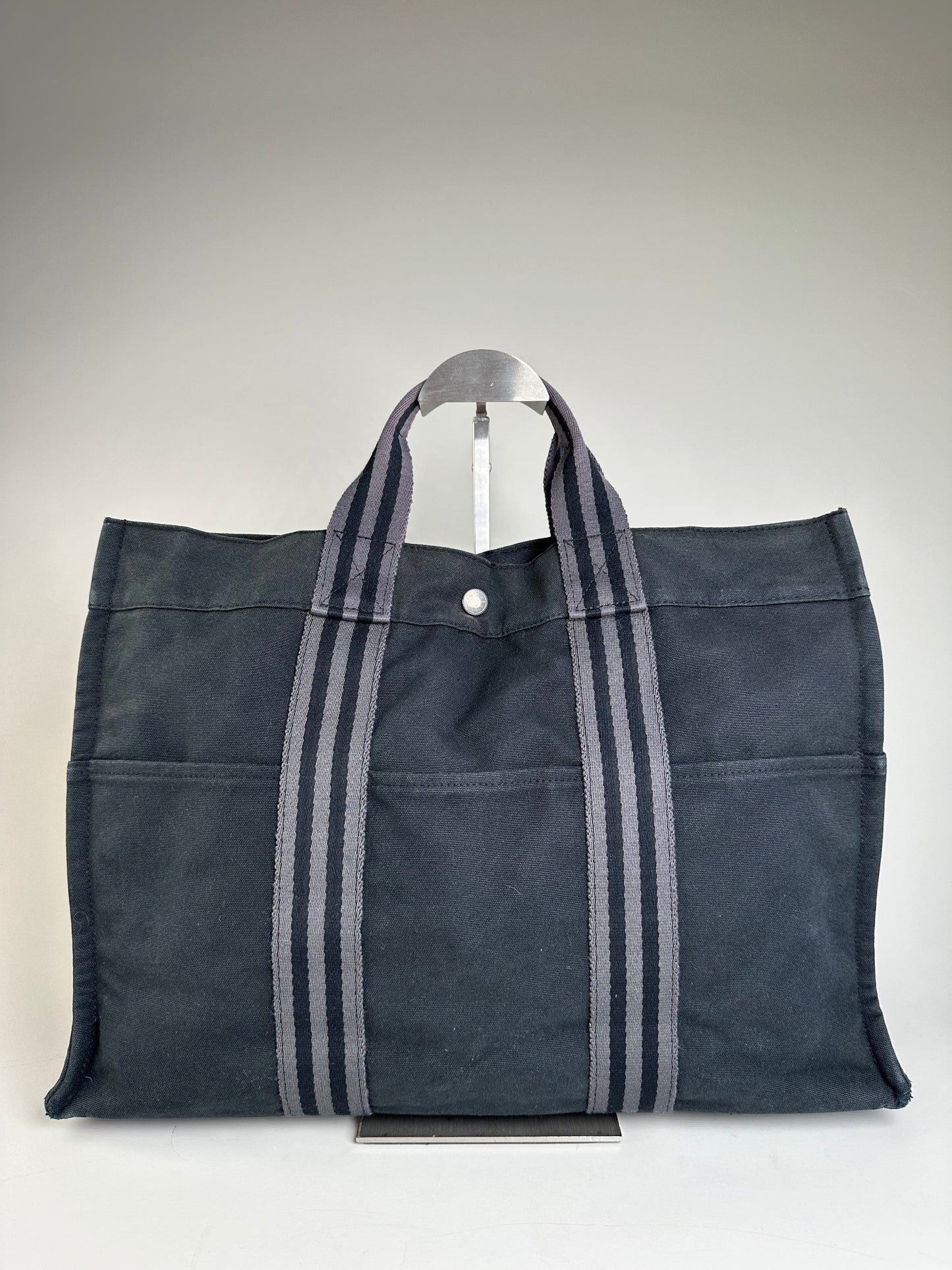 Vintage Hermes Canvas Tote Bag Black Grey Stripes