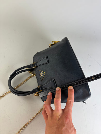 Vintage Prada Saffiano Leather Handbag Dark Blue Gold