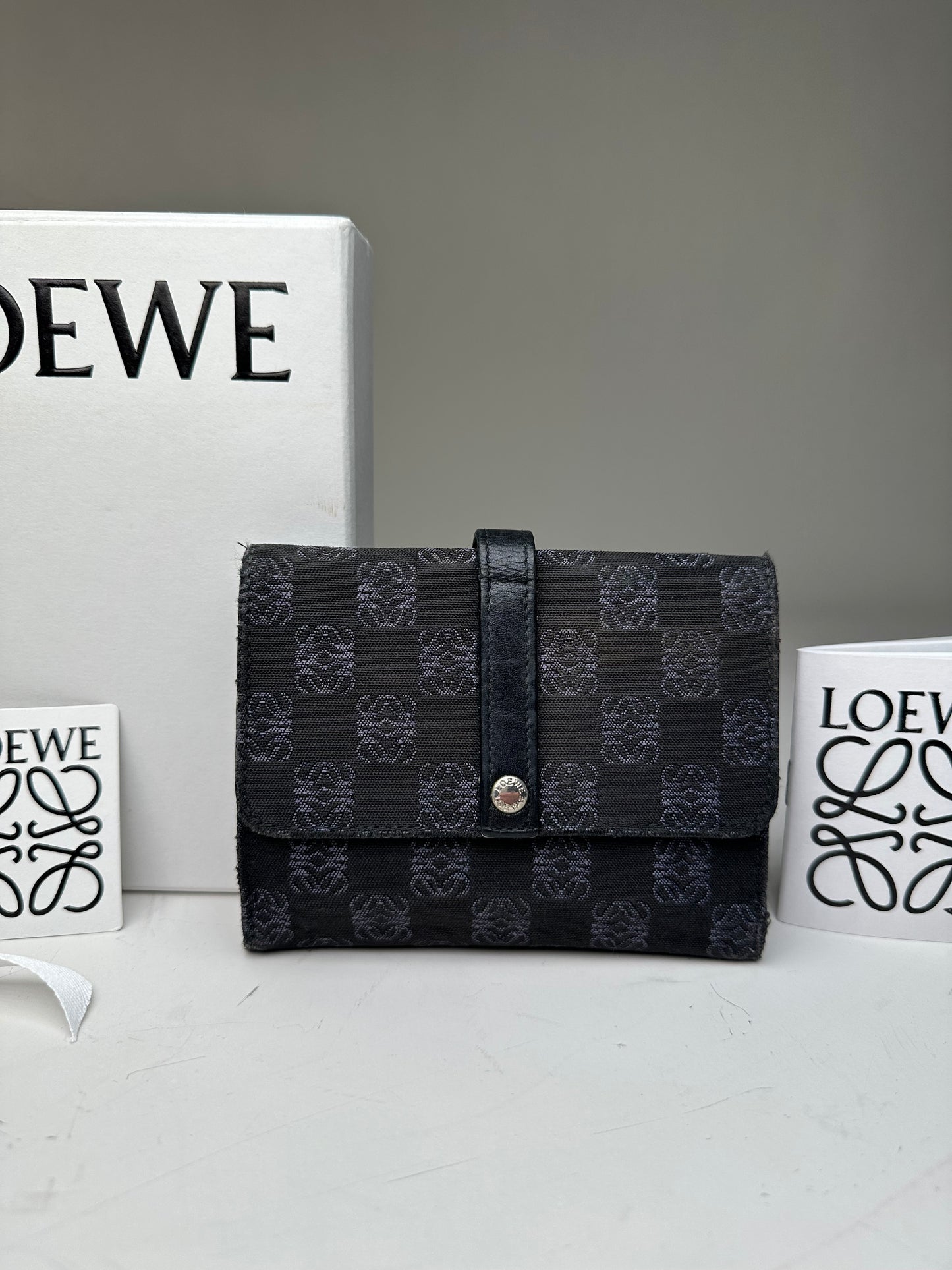 Vintage Loewe Anagram Canvas Wallet Black Silver