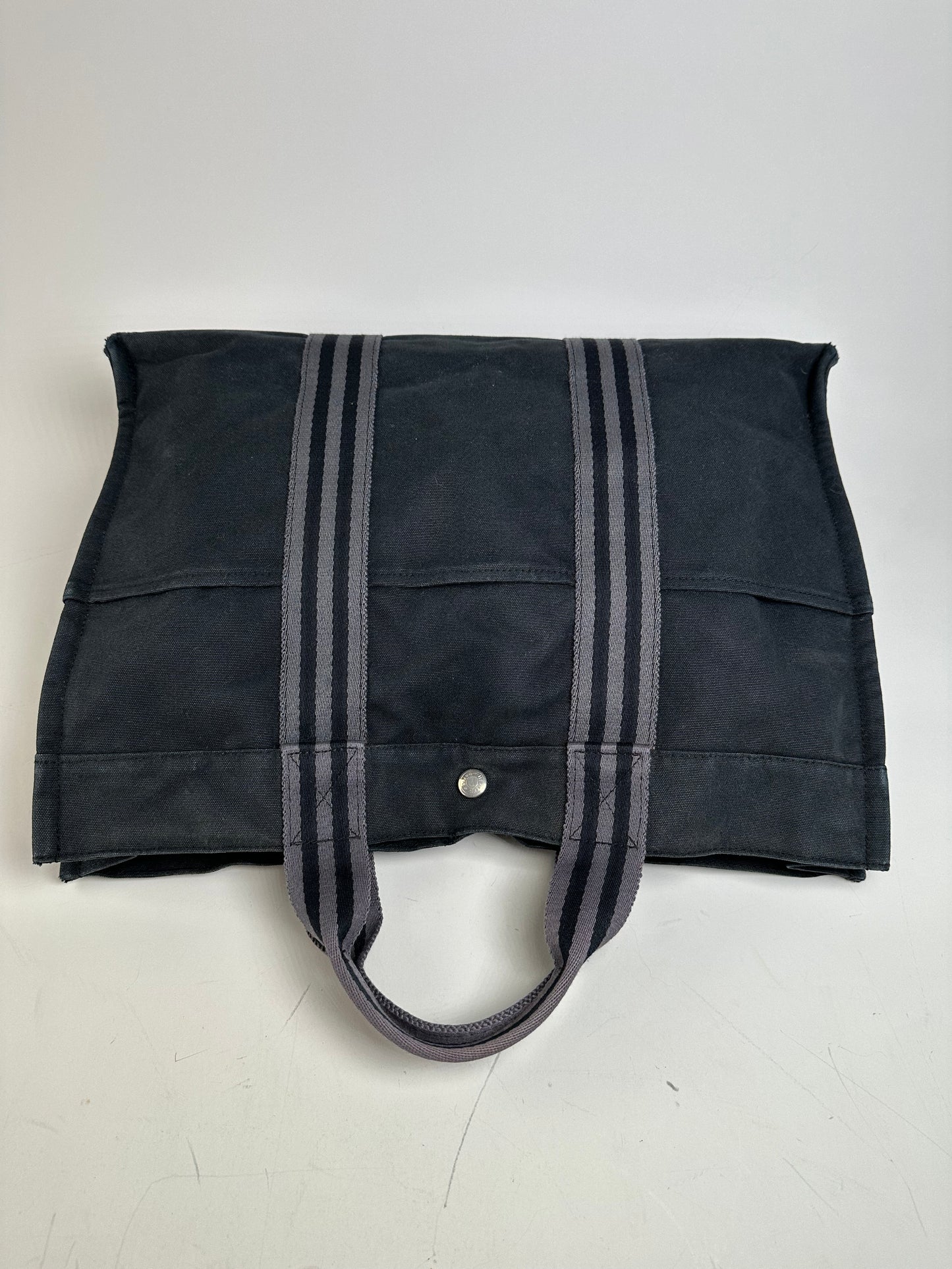 Vintage Hermes Canvas Tote Bag Black Grey Stripes