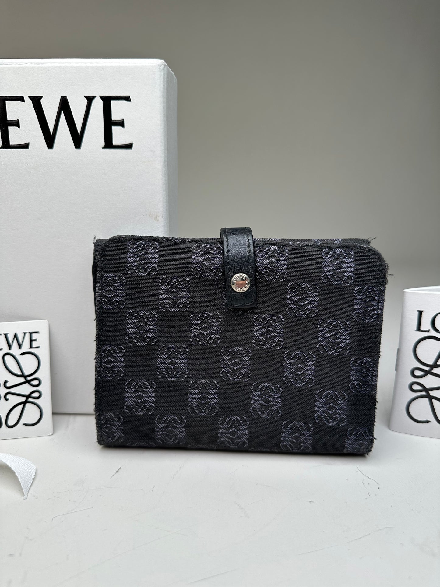 Vintage Loewe Anagram Canvas Wallet Black Silver