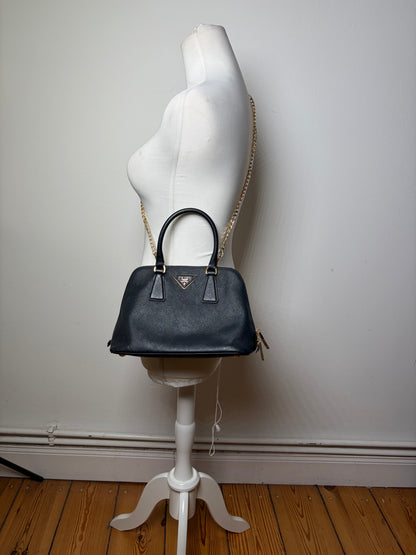 Vintage Prada Saffiano Leather Handbag Dark Blue Gold