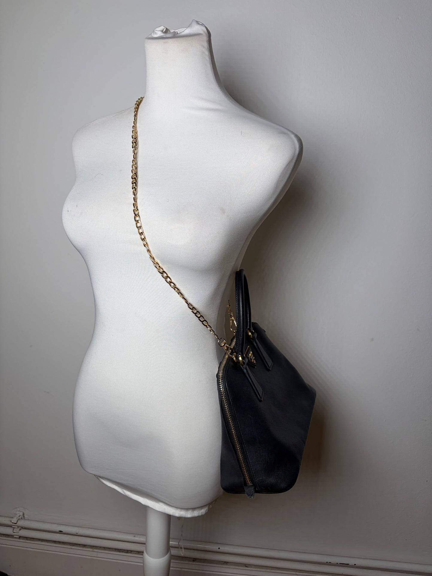 Vintage Prada Saffiano Leather Handbag Dark Blue Gold