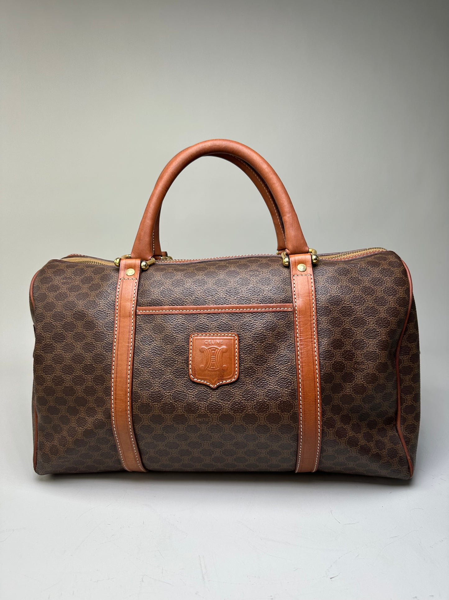 Vintage Celine Macadam Canvas Bowling Bag Brown Tan