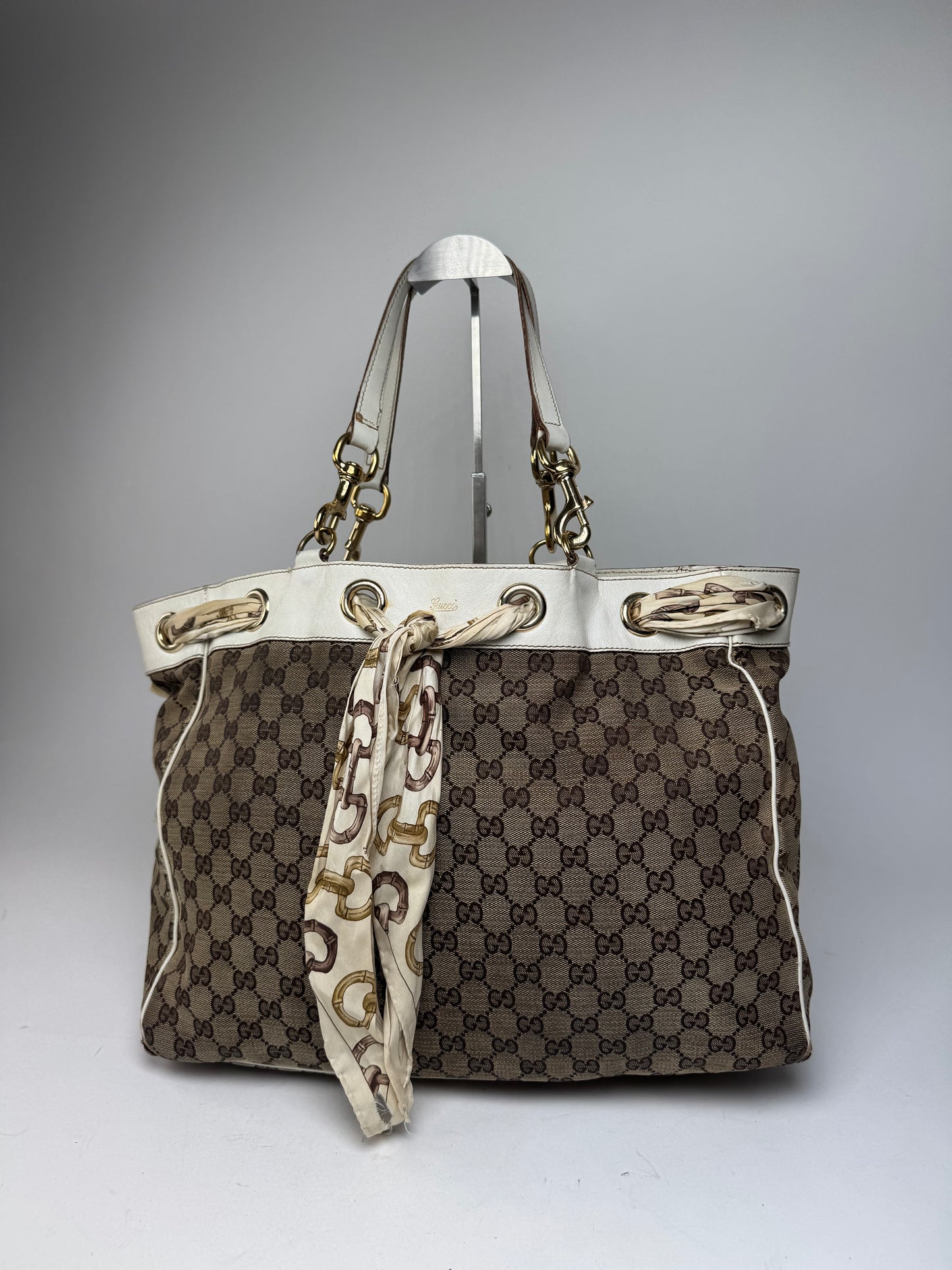 Vintage Gucci Monogram Tote Bag Brown White Beige