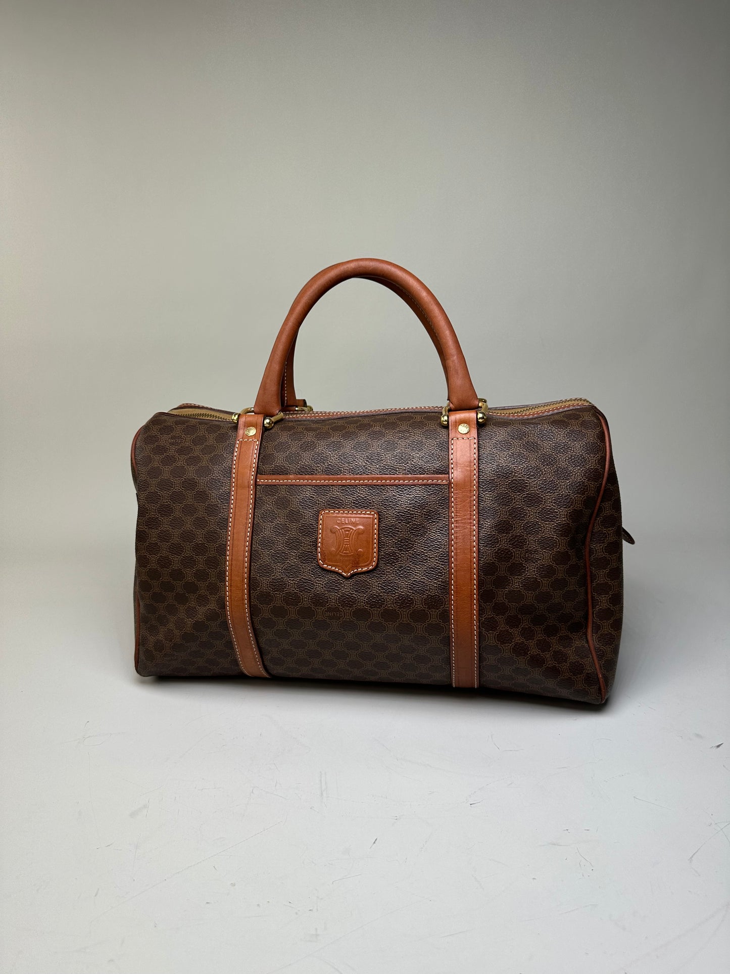 Vintage Celine Macadam Canvas Bowling Bag Brown Tan