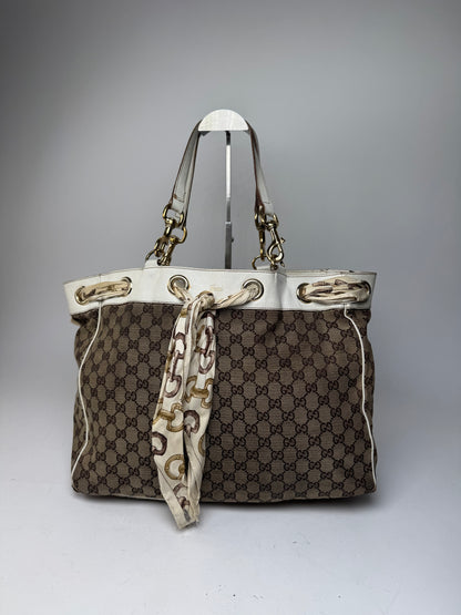 Vintage Gucci Monogram Tote Bag Brown White Beige