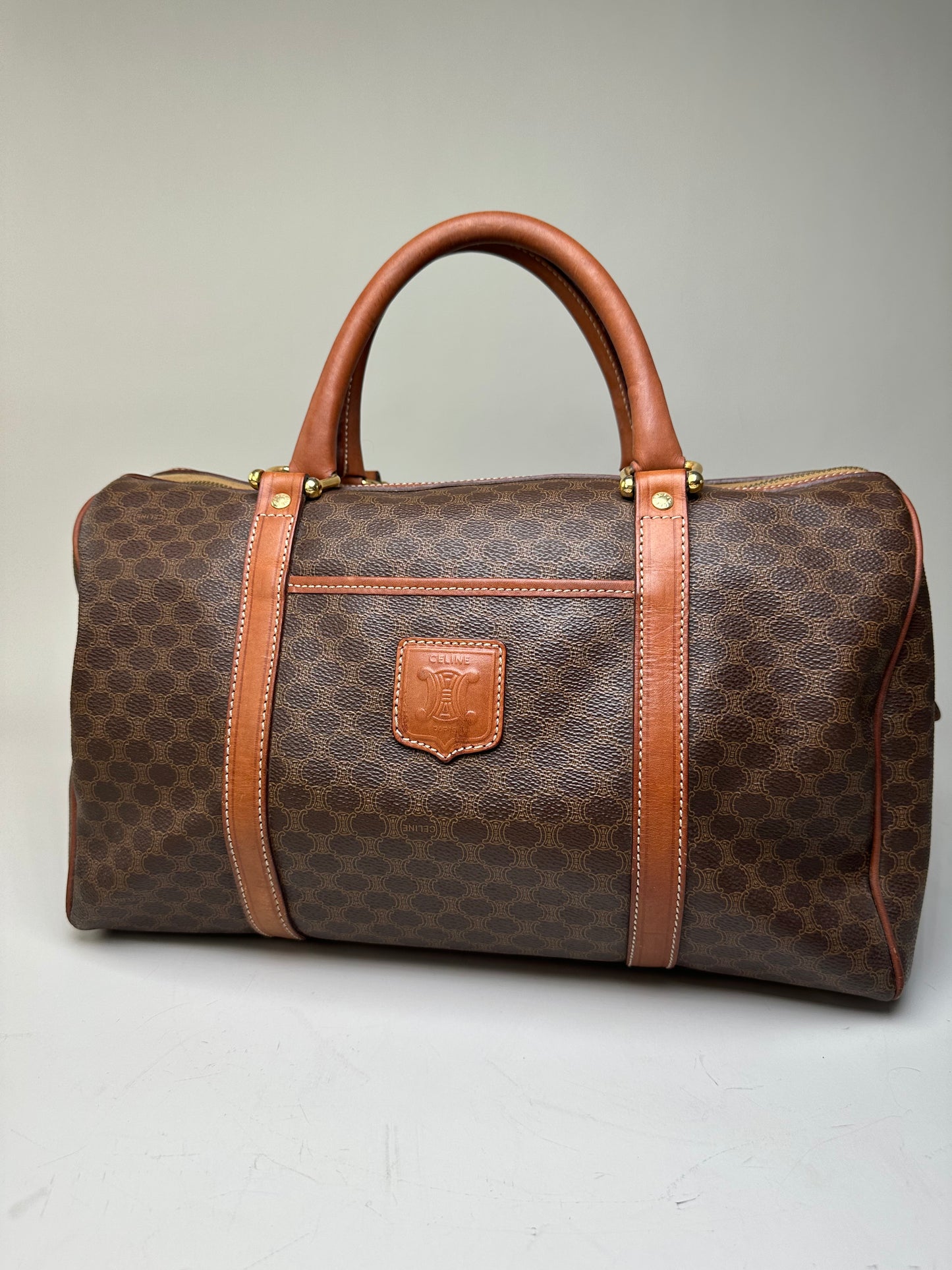 Vintage Celine Macadam Canvas Bowling Bag Brown Tan