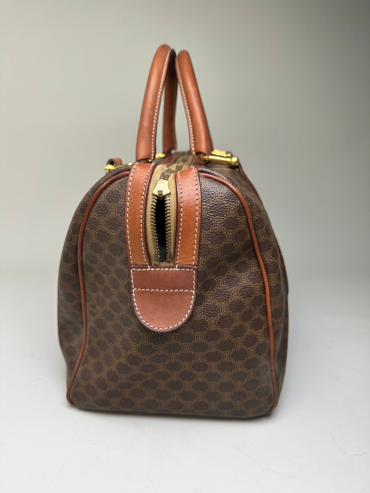 Vintage Celine Macadam Canvas Bowling Bag Brown Tan
