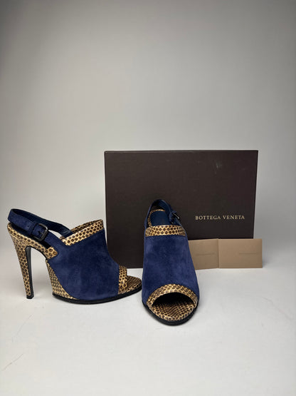 Vintage Bottega Veneta Suede Snake Leather Pumps Navy Beige EU37C