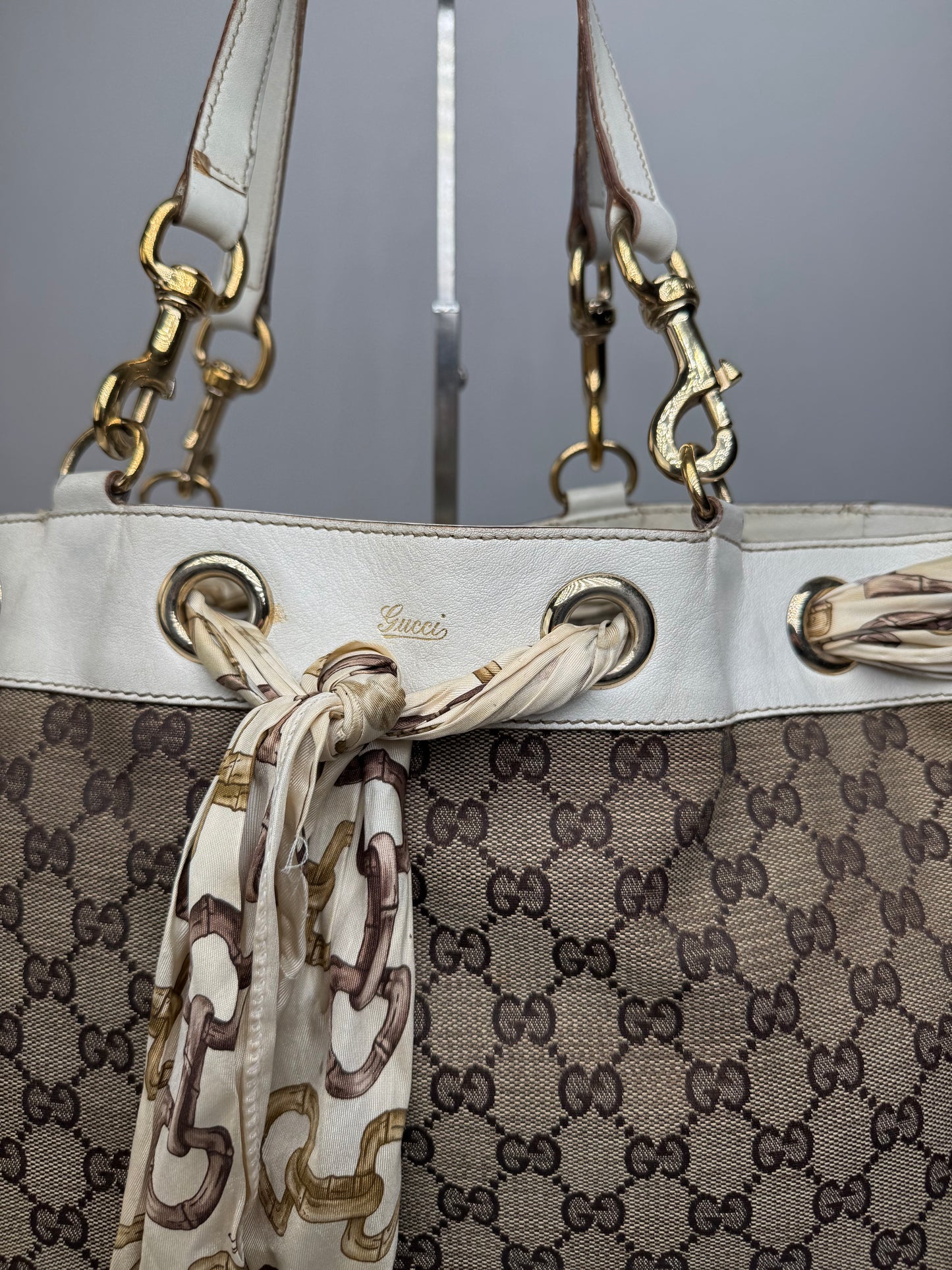 Vintage Gucci Monogram Tote Bag Brown White Beige
