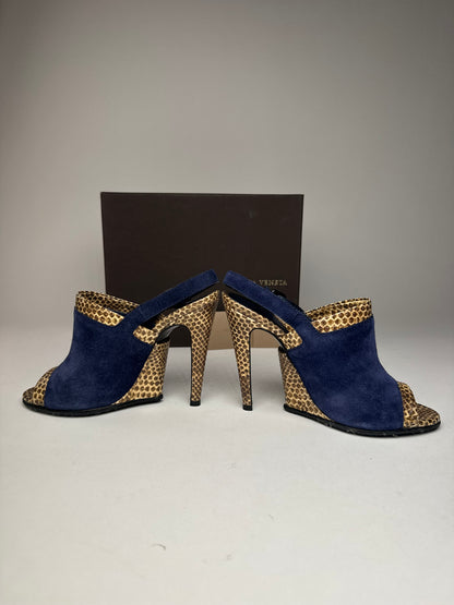 Vintage Bottega Veneta Suede Snake Leather Pumps Navy Beige EU37C