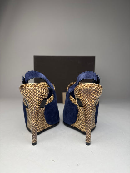 Vintage Bottega Veneta Suede Snake Leather Pumps Navy Beige EU37C