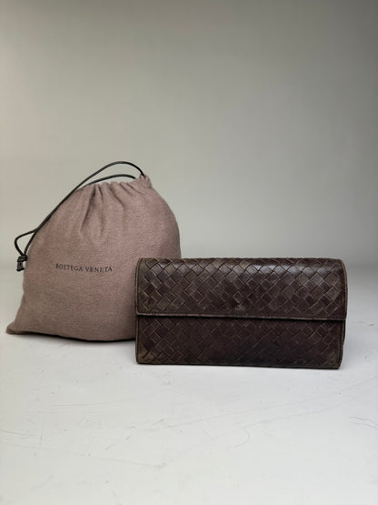 Vintage Bottega Veneta Woven Leather Wallet Dark Brown Gold