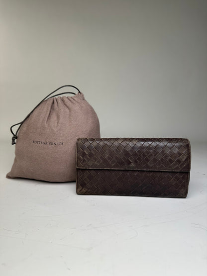 Vintage Bottega Veneta Woven Leather Wallet Dark Brown Gold