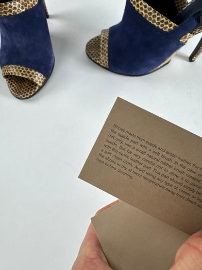 Vintage Bottega Veneta Suede Snake Leather Pumps Navy Beige EU37C