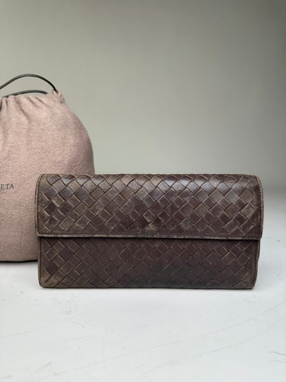 Vintage Bottega Veneta Woven Leather Wallet Dark Brown Gold