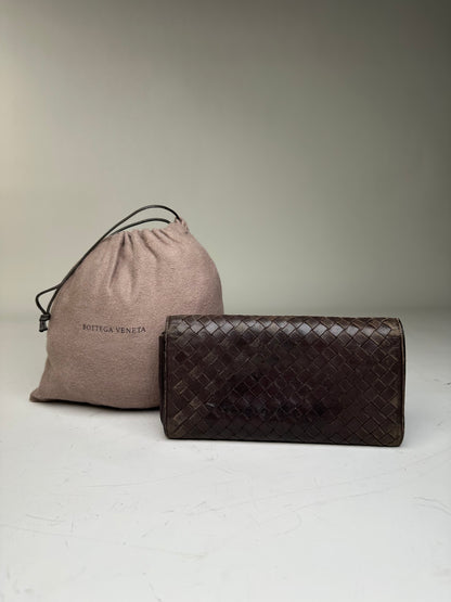 Vintage Bottega Veneta Woven Leather Wallet Dark Brown Gold
