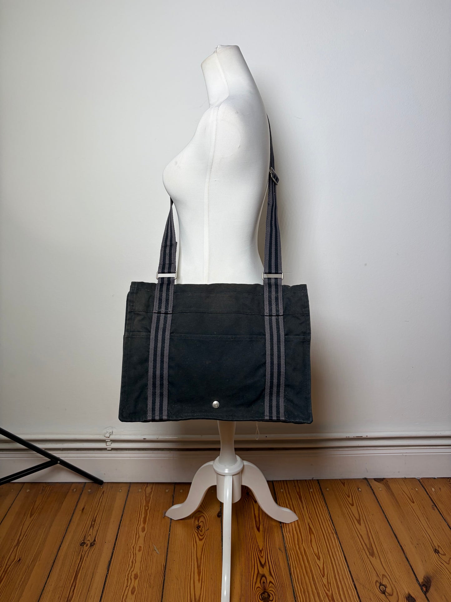 Vintage Hermes Canvas Messenger Bag Black Silver