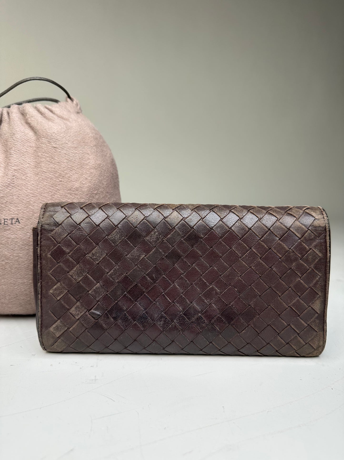 Vintage Bottega Veneta Woven Leather Wallet Dark Brown Gold