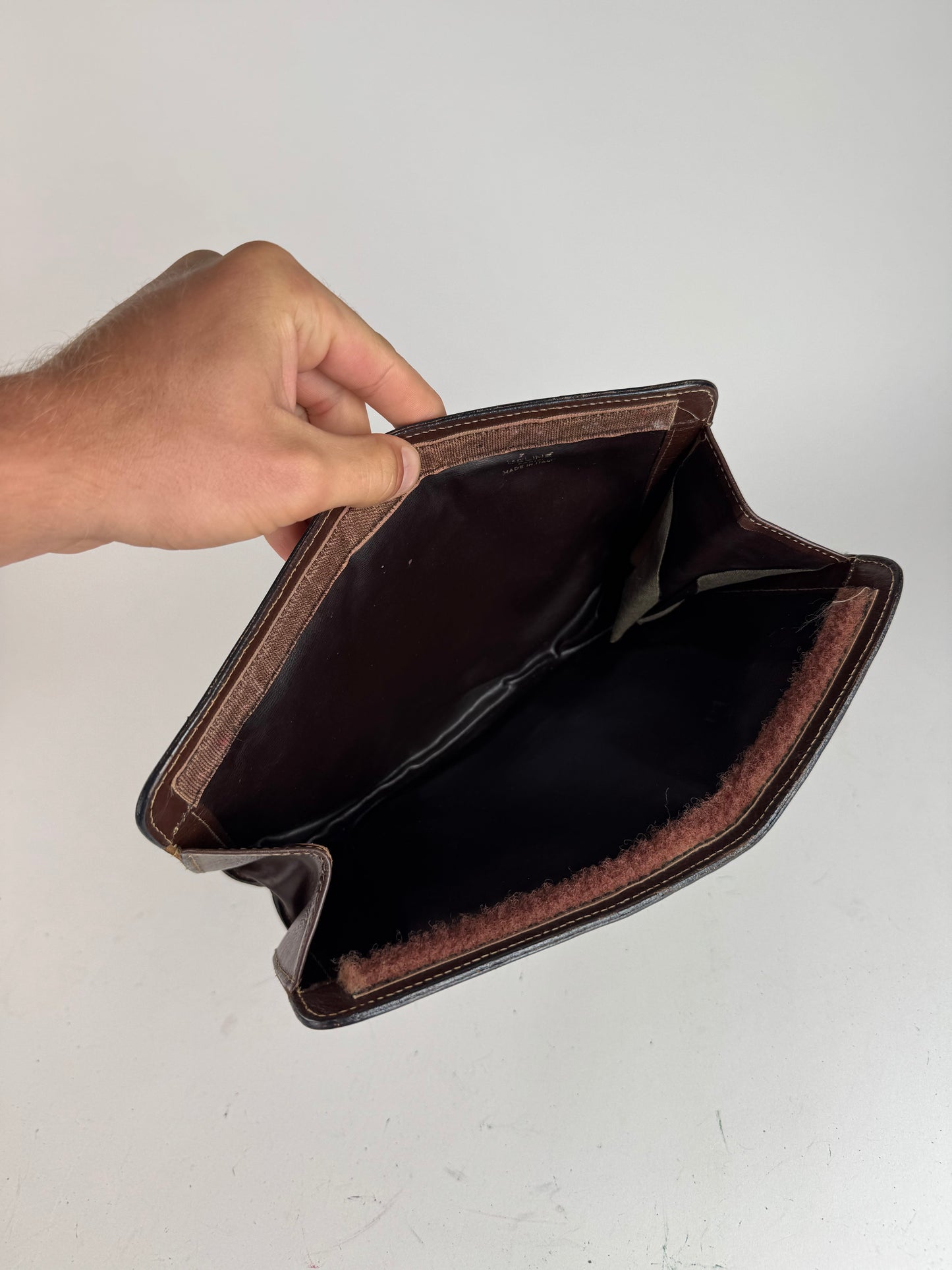 Pochette vintage en cuir et toile monogrammée Macadam de Céline marron et gris