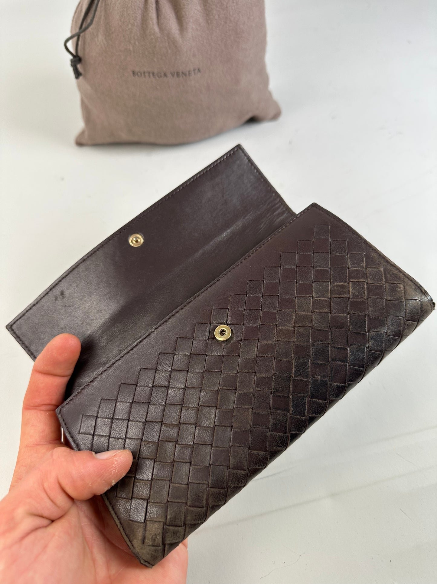 Vintage Bottega Veneta Woven Leather Wallet Dark Brown Gold