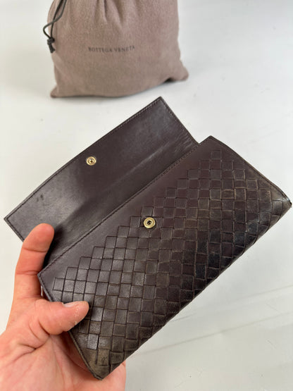 Vintage Bottega Veneta Woven Leather Wallet Dark Brown Gold