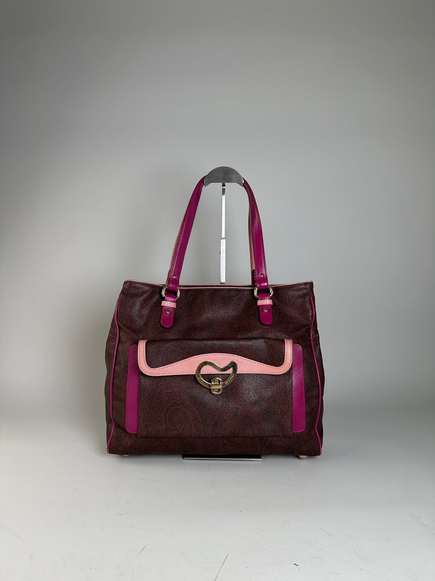 Vintage Etro Coated Canvas Tote Burgundy Pink Gold Heart Clasp