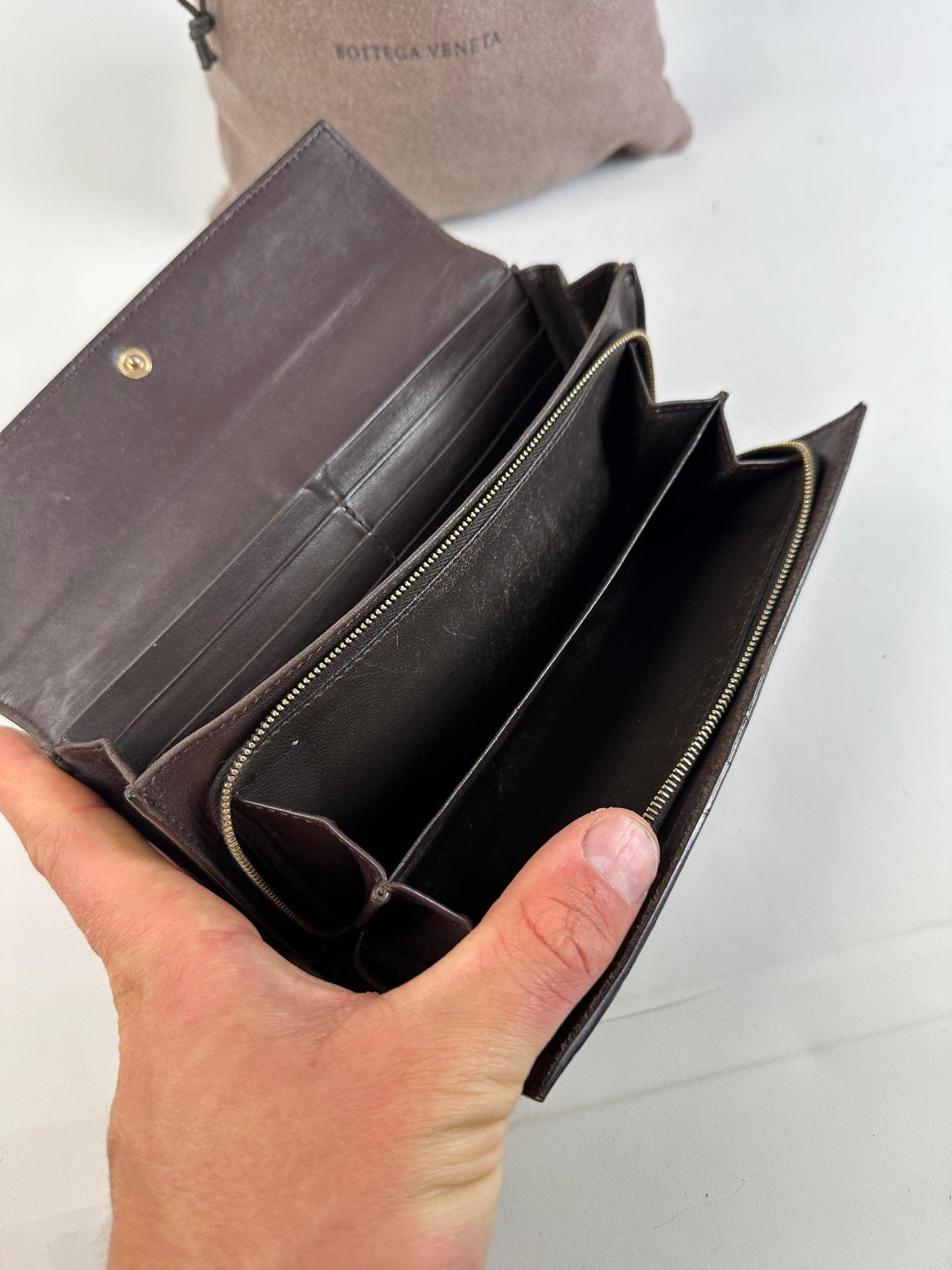 Vintage Bottega Veneta Woven Leather Wallet Dark Brown Gold