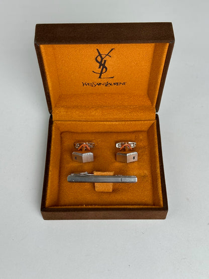Vintage Yves Saint Laurent Cufflinks & Tie/money Clamp Set silver steel