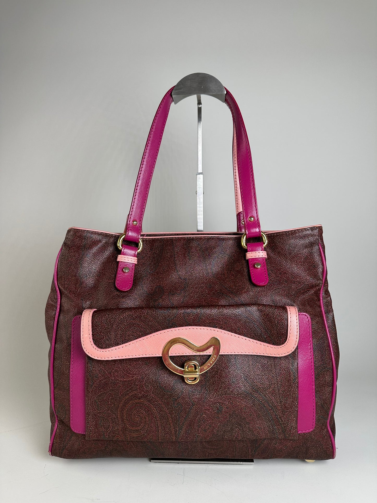 Vintage Etro Coated Canvas Tote Burgundy Pink Gold Heart Clasp