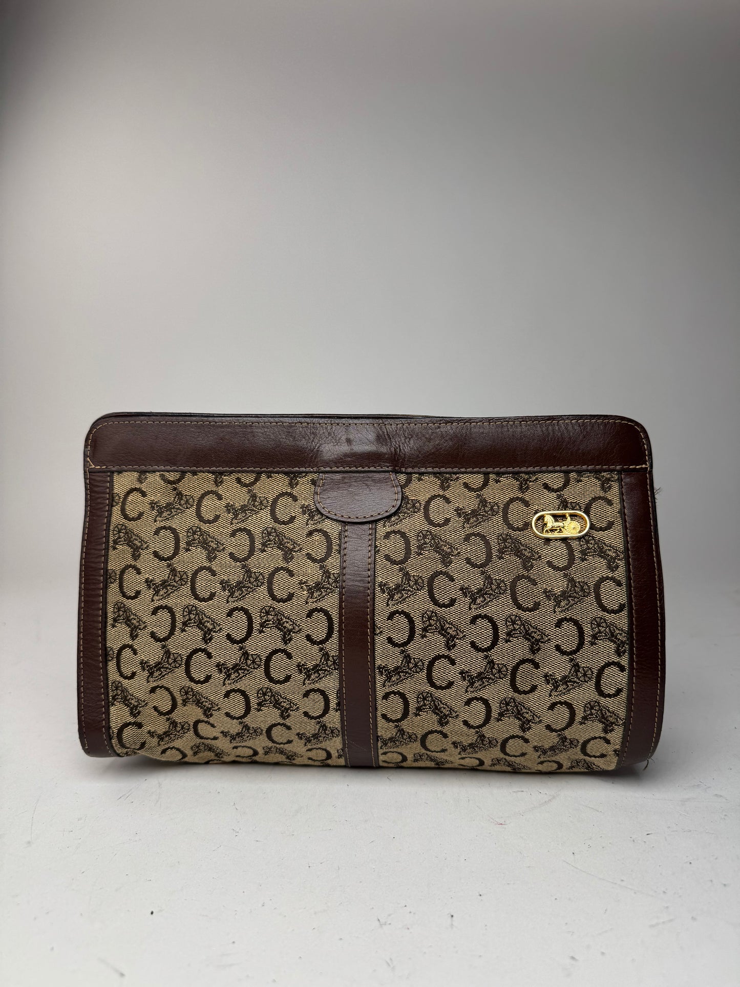 Pochette vintage en cuir et toile monogrammée Macadam de Céline marron et gris