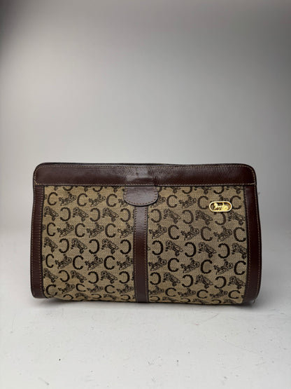 Pochette vintage en cuir et toile monogrammée Macadam de Céline marron et gris