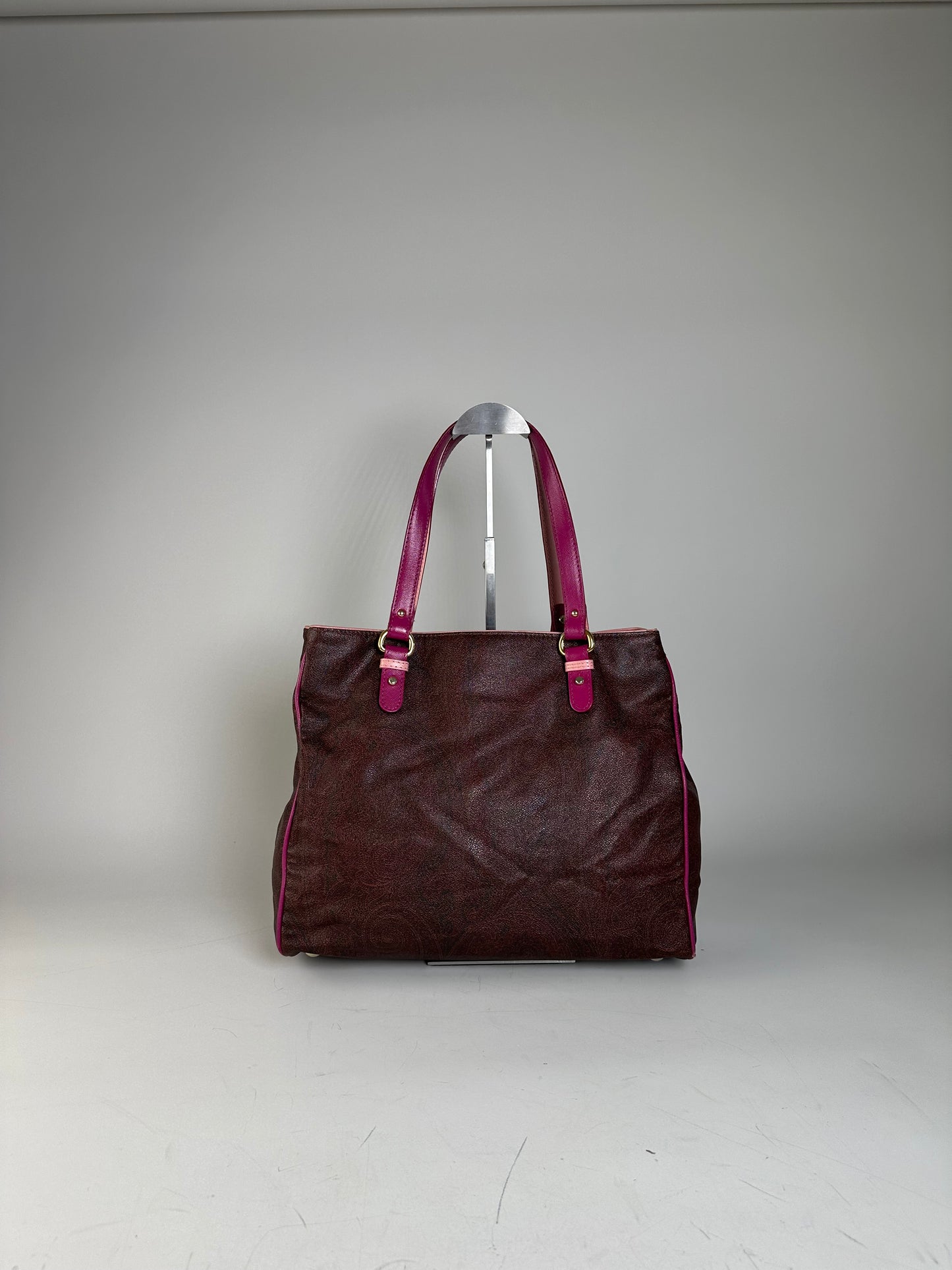 Vintage Etro Coated Canvas Tote Burgundy Pink Gold Heart Clasp