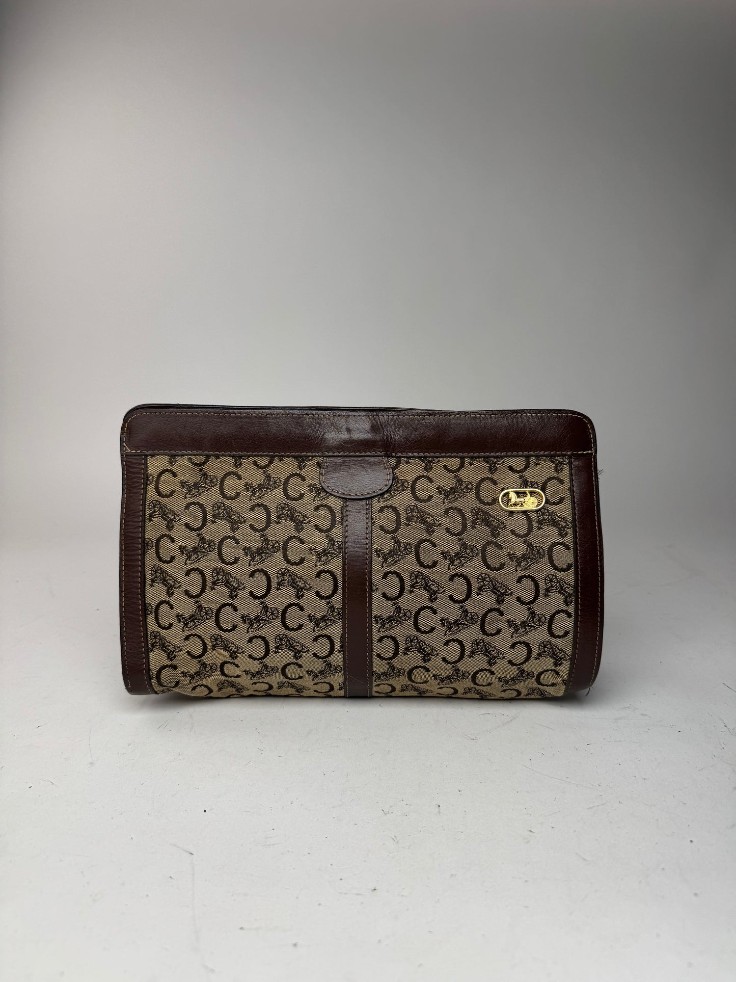 Pochette vintage en cuir et toile monogrammée Macadam de Céline marron et gris
