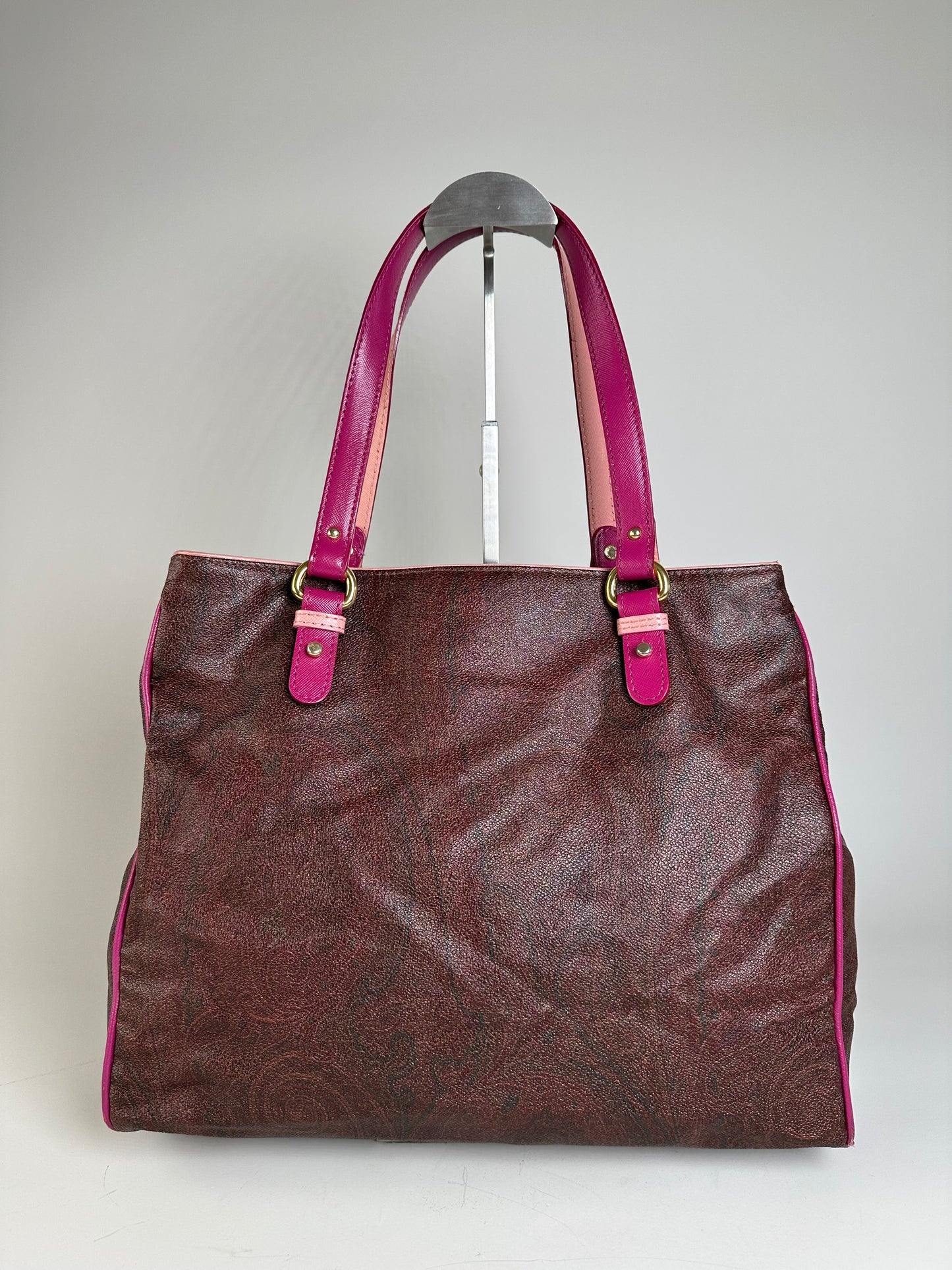 Vintage Etro Coated Canvas Tote Burgundy Pink Gold Heart Clasp
