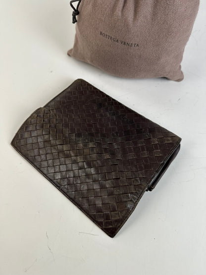 Vintage Bottega Veneta Woven Leather Wallet Dark Brown Gold