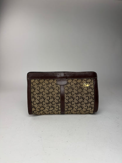 Pochette vintage en cuir et toile monogrammée Macadam de Céline marron et gris