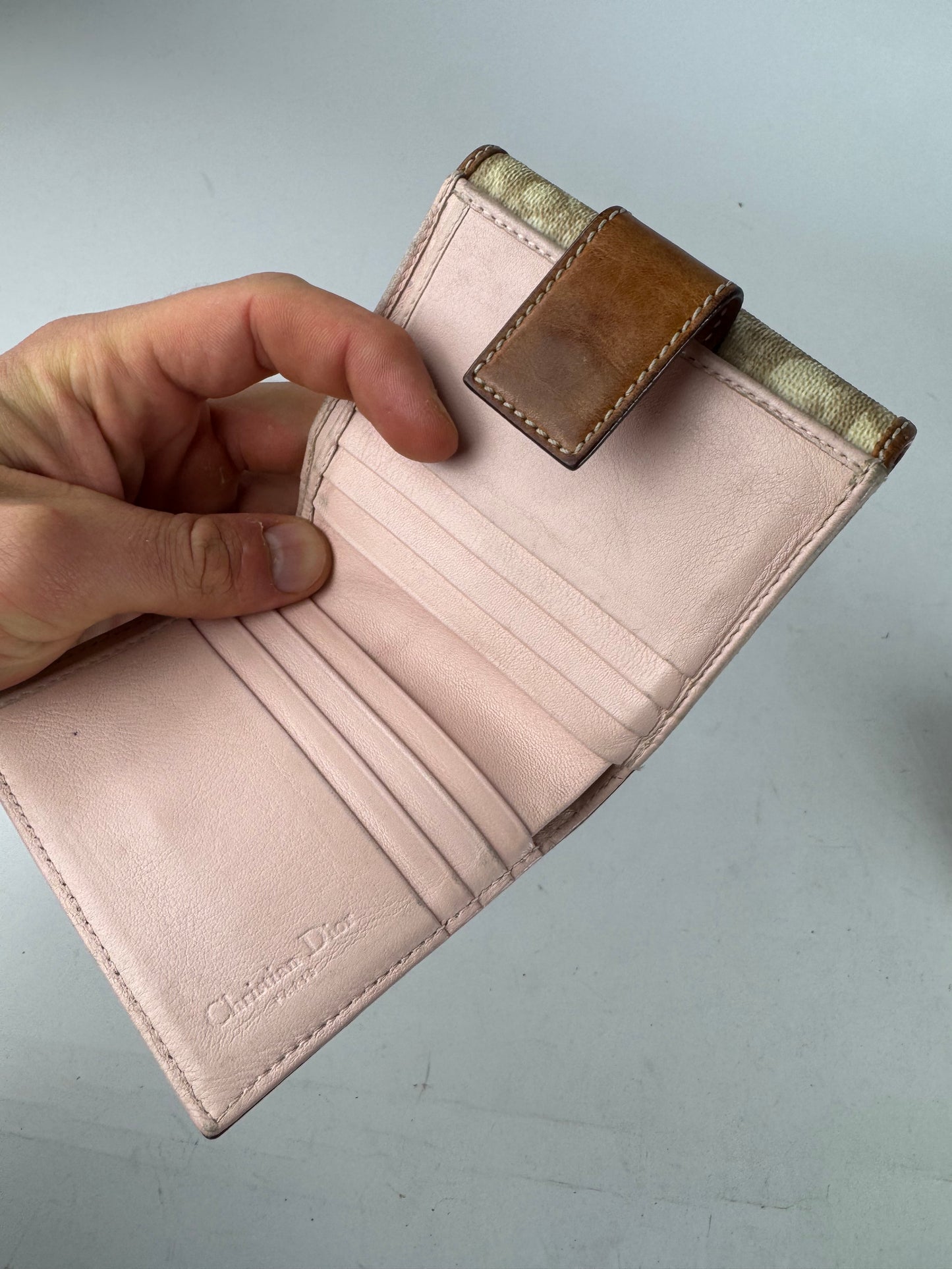Vintage Dior Oblique Monogram Leather Wallet Beige Brown Pink