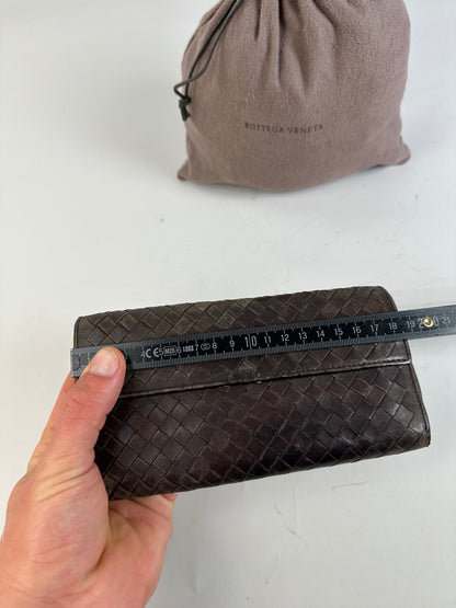 Vintage Bottega Veneta Woven Leather Wallet Dark Brown Gold