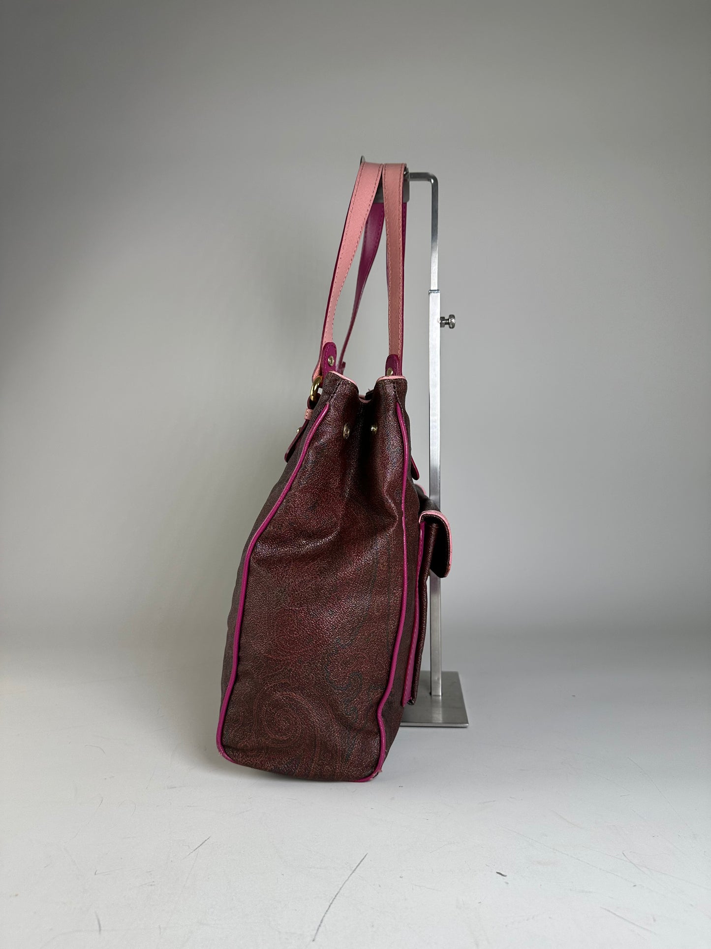 Vintage Etro Coated Canvas Tote Burgundy Pink Gold Heart Clasp