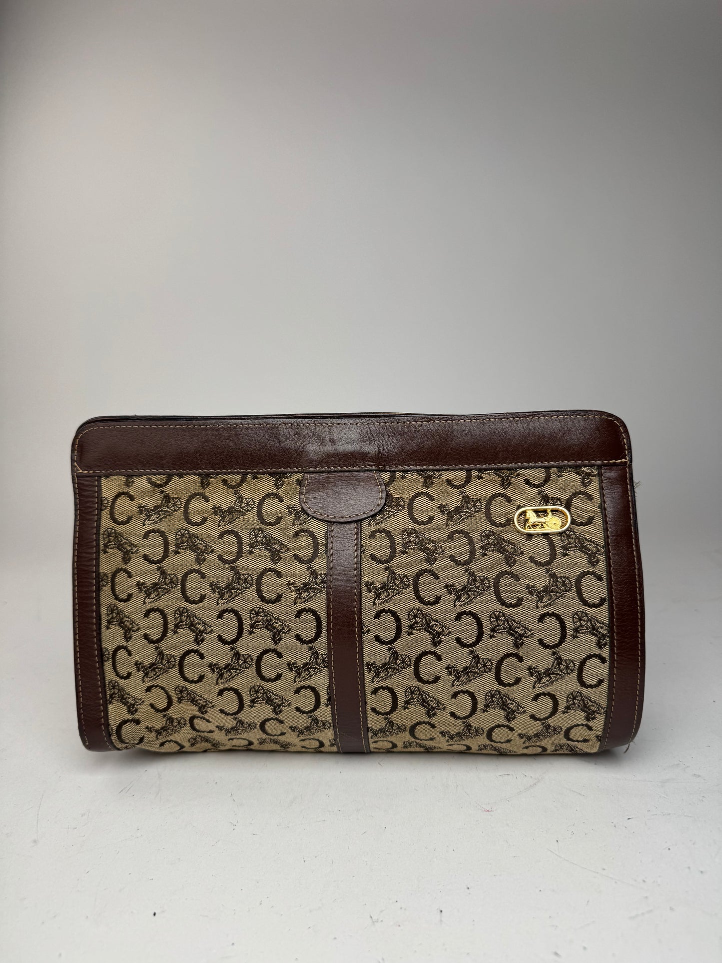 Pochette vintage en cuir et toile monogrammée Macadam de Céline marron et gris