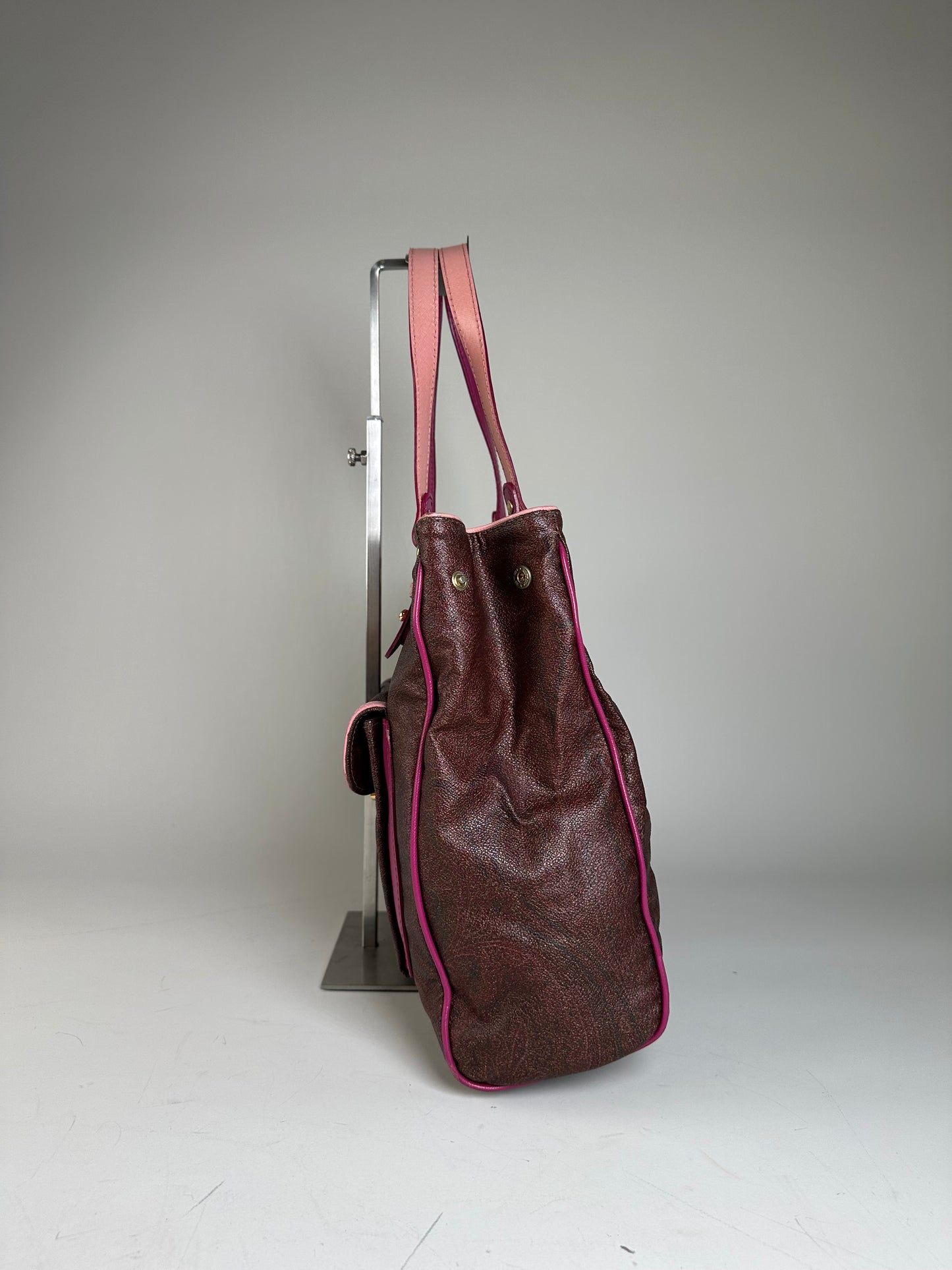 Vintage Etro Coated Canvas Tote Burgundy Pink Gold Heart Clasp