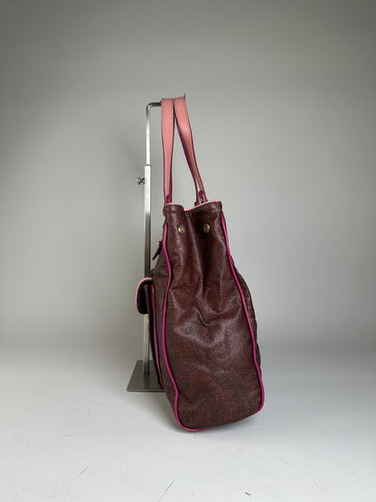 Vintage Etro Coated Canvas Tote Burgundy Pink Gold Heart Clasp